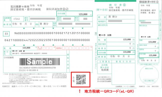 地方税統一QRコード掲載納付書見本