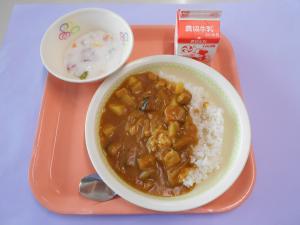 738キロカロリー、むぎごはん、ぎゅうにゅう、ののいちサマーカレー、フルーツミルクゼリー						