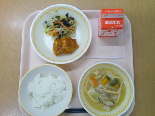 763キロカロリー、白飯、牛乳、鶏肉の美味だれ、梅のり和え、ほうとう