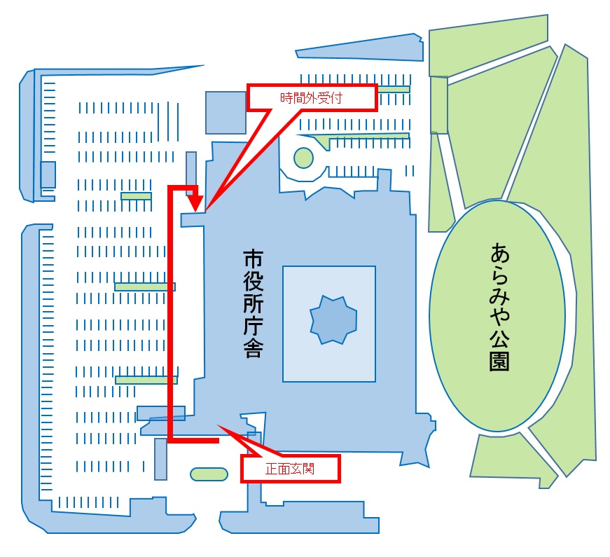 時間外窓口の場所を案内する地図です。